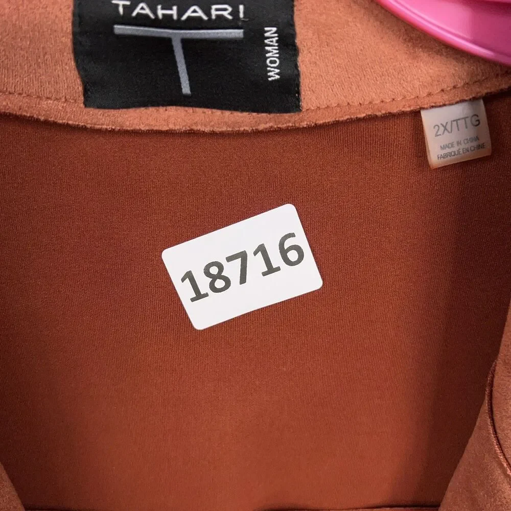 Tahari Jacket Womens 2X Brown Faux Suede Open Soft Minimal Quiet Luxury Autumn - Picture 14 of 14